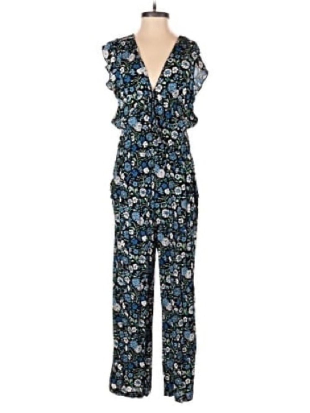 LOFT Black Floral V-Neck Wide-Leg Jumpsuit with Blue Accents